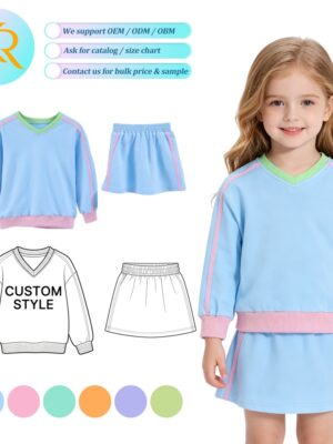 Girls' Color Block 2-Piece Outfit V-Neck Sweatshirt & Skirt Set