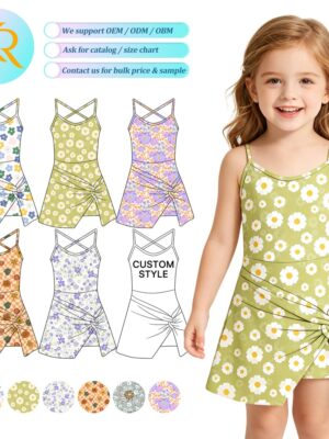 Girls' Floral Print Cross-Back Cami Yoga Dress Knotted Waist Casual Sundress for Summer