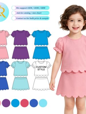 Toddler Girls' Puff Sleeve Top & Scallop Skirt Cute 2-Piece Casual Summer Set