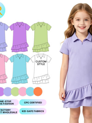 Girls' Polo Zip-Up Dress with Tiered Ruffle Hem Short Sleeve Casual Sundress