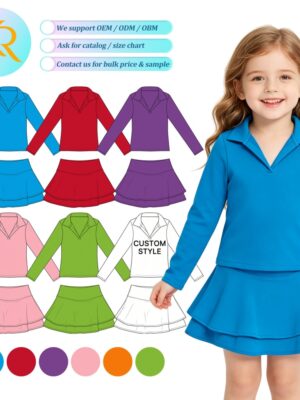 Girls' Stretchy Long Sleeve Polo Tennis Outfit 2-Piece Layered Skort Activewear