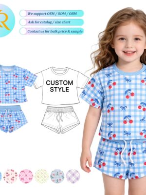 Girls' Cherry Print 2-Piece Outfit - Blue Gingham Short Sleeve Top & Shorts Set