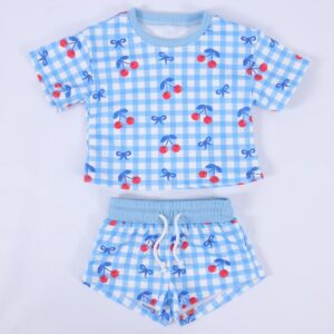 Girls' Cherry Print 2-Piece Outfit - Blue Gingham Short Sleeve Top & Shorts Set