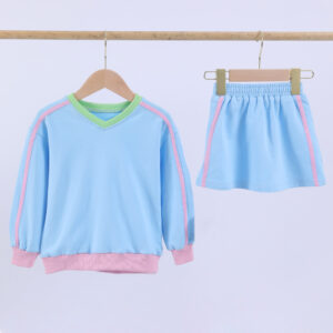 Girls' Color Block 2-Piece Outfit V-Neck Sweatshirt & Skirt Set