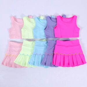 Girls' Tennis Outfit Set - Solid Color Tank Top & Scallop Trim Skirt for Sports