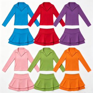Girls' Stretchy Long Sleeve Polo Tennis Outfit 2-Piece Layered Skort Activewear