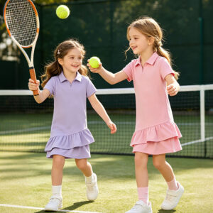 Girls' Polo Zip-Up Dress with Tiered Ruffle Hem Short Sleeve Casual Sundress