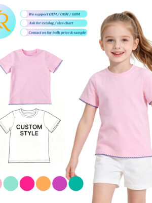 Kids Basic Short Sleeve T-Shirt With Round Neck & Contrast Blue Scalloped Trim At Sleeves And Hem Soft Cotton Blend Fabric Casual Everyday Top For Girls