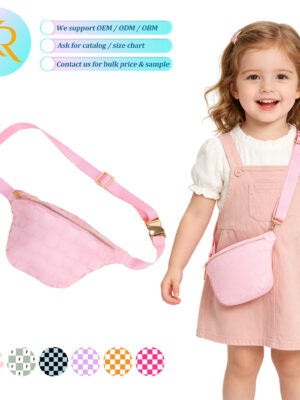 Toddler Checkerboard Pattern Waist Fanny Pack Soft Pink Adjustable Strap Belt Bag With Gold Hardware Zipper Closure For Kids Outdoor Activities & Travel
