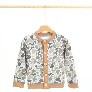 Vintage Camouflage Animal Dog Pattern Children Button Cardigan Contrast Rib Collar Cuff & Hem Front Wooden Buttons Loose Fit Soft Breathable Fabric Little Boys Spring Autumn Layering Coat