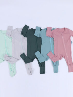 Solid Pastel Color Bamboo Baby Long Sleeve Footed Romper Double Zipper Design Fold Over Hand & Foot Cuffs Skin Friendly Infant Sleep Sleeper Multiple Solid Colors Available