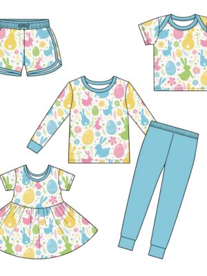 Easter Bunny & Easter Egg Floral Print Kids Mix & Match Clothing Collection Short Sleeve Top Long Sleeve Tee Skater Dress Elastic Waist Shorts Jogger Pants Multi Separates Spring Holiday Toddler Outfit Bundle