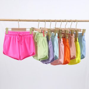 Multiple Neon Solid Color Toddler Girls Quick Dry Sports Shorts Drawstring Elastic Waist Curved Split Hem Lightweight Breathable Running Beach Casual Summer Kids Shorts