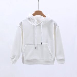 Basic Plain Solid Color Children Blank Hooded Sweatshirt Loose Fit Long Sleeve Drawstring Hood Front Pocket Skin Friendly Fleece Material Little Boys Girls Casual Layering DIY Custom Hoodie Top