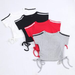 Two Line Shoulder Stripe Toddler Short Sleeve Crop Tee Raglan Sleeve Design Side Tie Gathered Ruched Waist Breathable Soft Knit Slim Fit Little Girls Daily Sports Streetwear Basic Summer Top