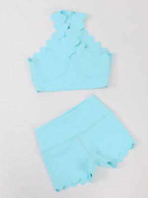 Plain Scallop Trim Toddler Girls Swim Set Cross Hollow Cutout Back Sleeveless Crop Top High Rise Wide Waistband Scalloped Hem Boyshort Breathable Skin Friendly Yoga Fabric Little Girls Summer Sports Party Outfit