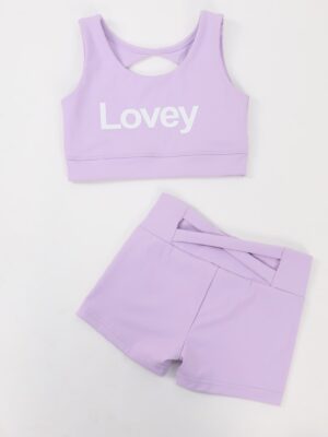 Solid Pastel Purple Letter Graphic Toddler Girls Sport Matching Suit Round Neck Hollow Back Crop Cami High Rise Elastic Waist Boyshort Breathable Skin-Friendly Fabric Little Girls Ballet Yoga Outdoor Play Two Piece Outfit