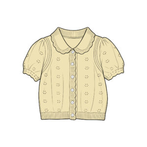 Sweet Ruffle Collar Eyelet Hollow Out Knit Kids Cardigan Short Puff Sleeve Full Front Button Closure Ribbed Cuff & Hem Lightweight Breathable Knit Fabric Toddler Girls Spring Summer Layering Knit Sweater Soft Pastel Solid Color Options