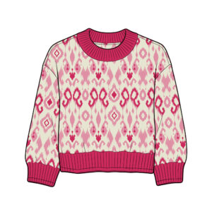 Vintage Boho Ikat Heart Geometric Fair Isle All Over Print Kids Knit Sweater Classic Crew Neck Ribbed Neckline Cuff & Hem Relaxed Loose Fit Soft Warm Knit Fabric Toddler Girls Fall Winter Daily Casual Pullover Jumper Retro Colorful Print Patterns