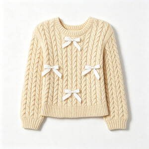 Cute White Ribbon Bow Decor Kids Cable Knit Sweater Classic Round Crew Neck Elastic Ribbed Neck Cuff & Hem Relaxed Loose Fit Thick Warm Cable Twist Knit Fabric Toddler Girls Coquette Style Autumn Winter Daily Pullover Jumper Macaron Pastel Solid Color Options