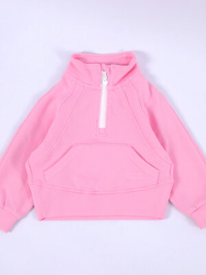 Pink Kids Half Zip Sweatshirt Stand Collar Heart Shape Zipper Pull Raglan Long Sleeve Toddler Girls Spring Autumn Daily Casual Pullover Sweat Top