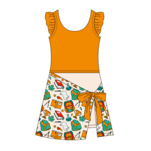 Back To School Stationery Print Kids 2 In 1 Skort Dress Sleeveless Flutter Ruffle Tank Top Wrap Over Skort With Side Big Bow Tie Yoga Dress