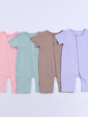 Solid Color Short Sleeve Baby Rompers With Snap Button Closure Breathable Fabric Multiple Colors Customizable Factory Direct Wholesale Jumpsuits For Infants & Toddlers