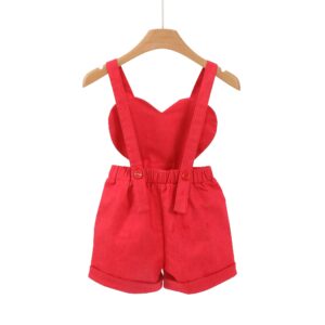 Toddler Baby Girls Solid Red Heart Shaped Front Cutout Suspender Romper Spaghetti Strap Elastic Waist Rolled Cuff Hem Shorts Summer Casual One Piece Jumpsuit Outfit