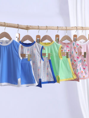 Pastel Floral Diamond Print Color Block Sleeveless Button Down Vest Girls 2 Piece Outfit Set Elastic Waist Skort Kids Summer Casual Matching Clothes Multiple Pattern & Color Options
