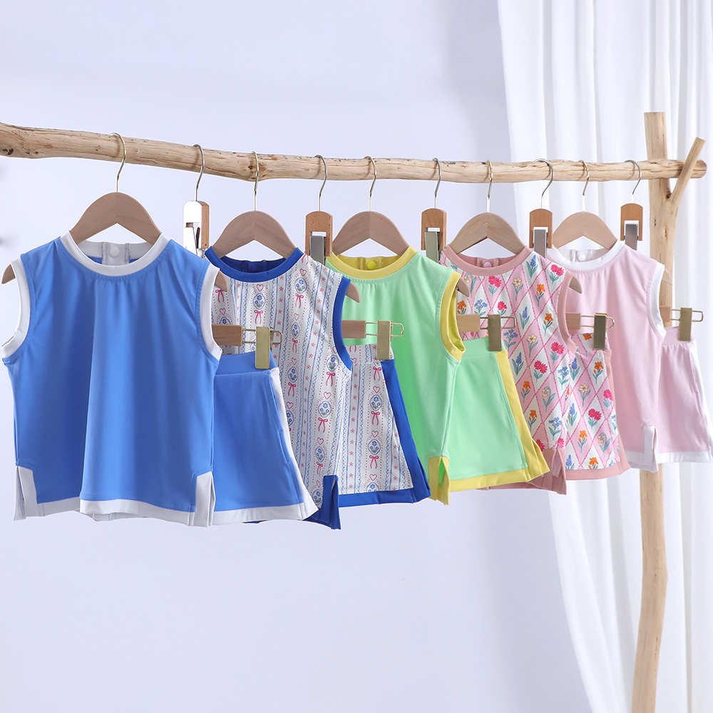 Pastel Floral Diamond Print Color Block Sleeveless Button Down Vest Girls 2 Piece Outfit Set Elastic Waist Skort Kids Summer Casual Matching Clothes Multiple Pattern & Color Options