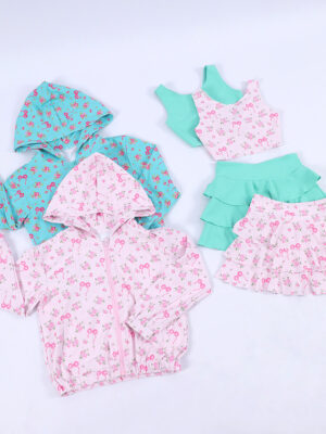 Tiny Floral & Bow Print Girls Mix & Match Separates Set Zip Up Hooded Long Sleeve Jacket Sleeveless Tank Top Tiered Ruffle Skirt Multiple Matching Combinations Pastel Two Color Options Kids Casual Outfit