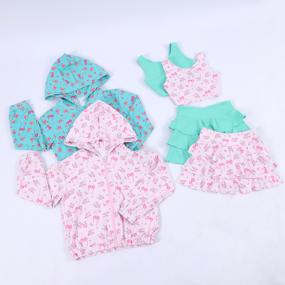 Tiny Floral & Bow Print Girls Mix & Match Separates Set Zip Up Hooded Long Sleeve Jacket Sleeveless Tank Top Tiered Ruffle Skirt Multiple Matching Combinations Pastel Two Color Options Kids Casual Outfit