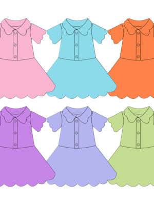 Pastel Solid Color Turndown Collar Girls Short Sleeve Dress Button Front Placket A-Line Skirt With Scallop Hem Casual Toddler Dress 6 Color Options For Spring Summer