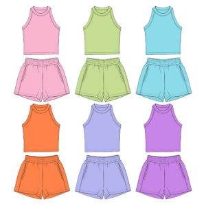 Bright Solid Color Kids 2 Piece Matching Outfit High Neck Racerback Crop Tank Top Elastic Drawstring Waist Side Pocket Shorts Soft Stretch Rib Fabric Toddler Girls Summer Casual Loungewear Set Vibrant Solid Color Choices
