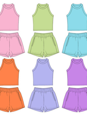 Bright Solid Color Kids 2 Piece Matching Outfit High Neck Racerback Crop Tank Top Elastic Drawstring Waist Side Pocket Shorts Soft Stretch Rib Fabric Toddler Girls Summer Casual Loungewear Set Vibrant Solid Color Choices