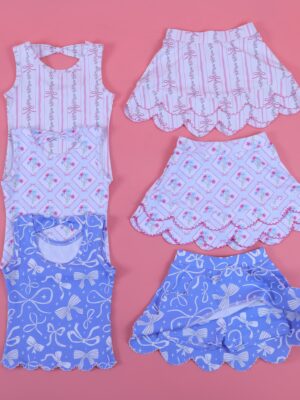 Sweet Bow Ditsy Floral Print Kids 2 Piece Matching Set Sleeveless Cutout Bow Back Tank Top Scalloped Ruffle Hem Mini Skirt Soft Stretch Quick Dry Fabric Toddler Girls Beach Vacation Casual Swim Outfit Delicate Pastel Print Patterns