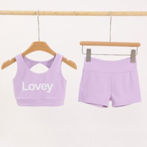 Solid Pastel Purple Letter Graphic Toddler Girls Sport Matching Suit Round Neck Hollow Back Crop Cami High Rise Elastic Waist Boyshort Breathable Skin-Friendly Fabric Little Girls Ballet Yoga Outdoor Play Two Piece Outfit