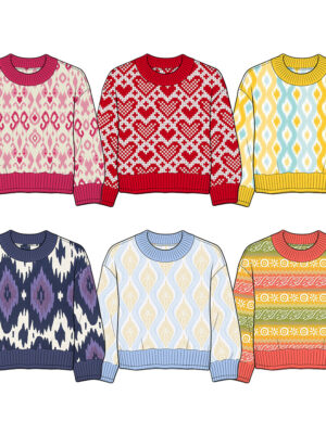 Vintage Boho Ikat Heart Geometric Fair Isle All Over Print Kids Knit Sweater Classic Crew Neck Ribbed Neckline Cuff & Hem Relaxed Loose Fit Soft Warm Knit Fabric Toddler Girls Fall Winter Daily Casual Pullover Jumper Retro Colorful Print Patterns