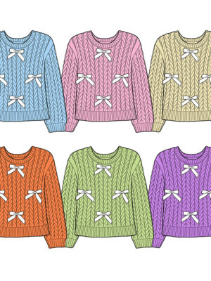 Cute White Ribbon Bow Decor Kids Cable Knit Sweater Classic Round Crew Neck Elastic Ribbed Neck Cuff & Hem Relaxed Loose Fit Thick Warm Cable Twist Knit Fabric Toddler Girls Coquette Style Autumn Winter Daily Pullover Jumper Macaron Pastel Solid Color Options