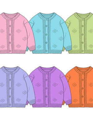 Sweet Embossed Four-Leaf Clover Flower Kids Knit Cardigan Round Neck Vertical Cable Trim Full Front Button Closure Ribbed Cuff & Hem Lightweight Soft Knit Fabric Toddler Girls Spring Autumn Daily Layering Knit Jacket Macaron Pastel Solid Color Options