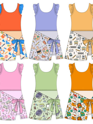 Back To School Stationery Print Kids 2 In 1 Skort Dress Sleeveless Flutter Ruffle Tank Top Wrap Over Skort With Side Big Bow Tie Yoga Dress