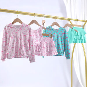 Tiny Floral & Bow Print Girls Mix & Match Separates Set Zip Up Hooded Long Sleeve Jacket Sleeveless Tank Top Tiered Ruffle Skirt Multiple Matching Combinations Pastel Two Color Options Kids Casual Outfit