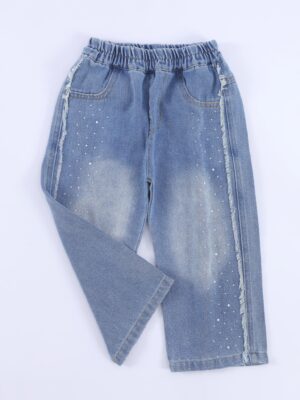 Light Wash Girls Wide Leg Denim Jeans Elastic Gathered Waist All Over Rhinestone Stud Decor Side Distressed Raw Fringe Edge Loose Straight Fit Soft Denim Toddler Fashion Casual Pants
