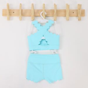 Plain Scallop Trim Toddler Girls Swim Set Cross Hollow Cutout Back Sleeveless Crop Top High Rise Wide Waistband Scalloped Hem Boyshort Breathable Skin Friendly Yoga  Fabric Little Girls Summer Sports  Party  Outfit
