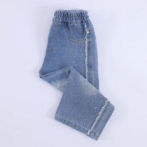 Light Wash Girls Wide Leg Denim Jeans Elastic Gathered Waist All Over Rhinestone Stud Decor Side Distressed Raw Fringe Edge Loose Straight Fit Soft Denim Toddler Fashion Casual Pants