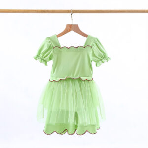 Sweet Square Neck Short Puff Sleeve Kids Dress Layered Tulle Skirt With Scalloped Hem Soft Stretch Fabric Little Girls Fairy Tutu Outfit Ideal For Birthday Parties, Halloween Costume And Casual Wear