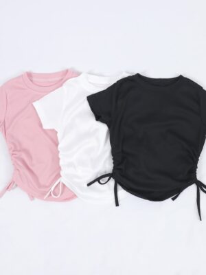 Adjustable Side Tie Ruched Toddler Short Sleeve Tee Soft Stretch Ribbed Knit Fabric Round Neck Curved Cropped Hem Drawstring Gathered Waist Design Little Girls Daily Casual Summer Fashion Fitted Top
