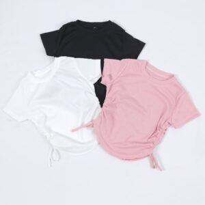 Adjustable Side Tie Ruched Toddler Short Sleeve Tee Soft Stretch Ribbed Knit Fabric Round Neck Curved Cropped Hem Drawstring Gathered Waist Design Little Girls Daily Casual Summer Fashion Fitted Top