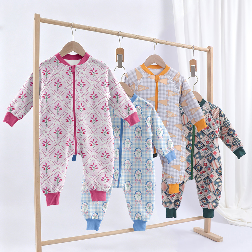 Retro Vintage Floral Lattice Check Plaid Geometric Patchwork Print Baby Long Sleeve Zip Up Sleep Sack Two-Way Full Zipper Footless Wearable Blanket Romper Multiple Patterns Infant All Season Sleeping Bag Onesie