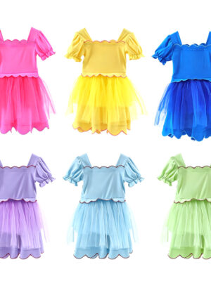 Sweet Square Neck Short Puff Sleeve Kids Dress Layered Tulle Skirt With Scalloped Hem Soft Stretch Fabric Little Girls Fairy Tutu Outfit Ideal For Birthday Parties, Halloween Costume And Casual Wear